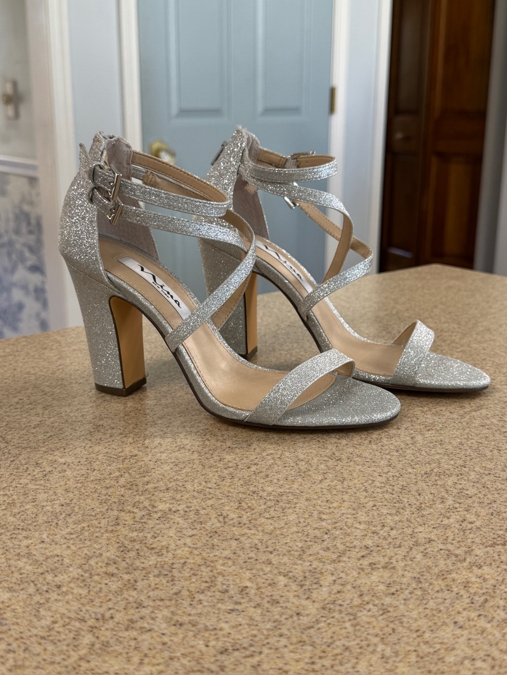 Nina New York Silver Sparkly Strappy Block Heels New Shari Metallic Shoes